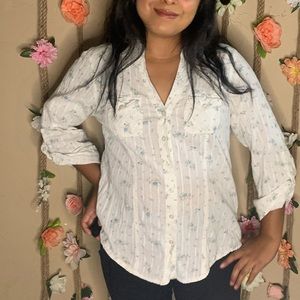 White button up shirt w/ pastel blue flowers
